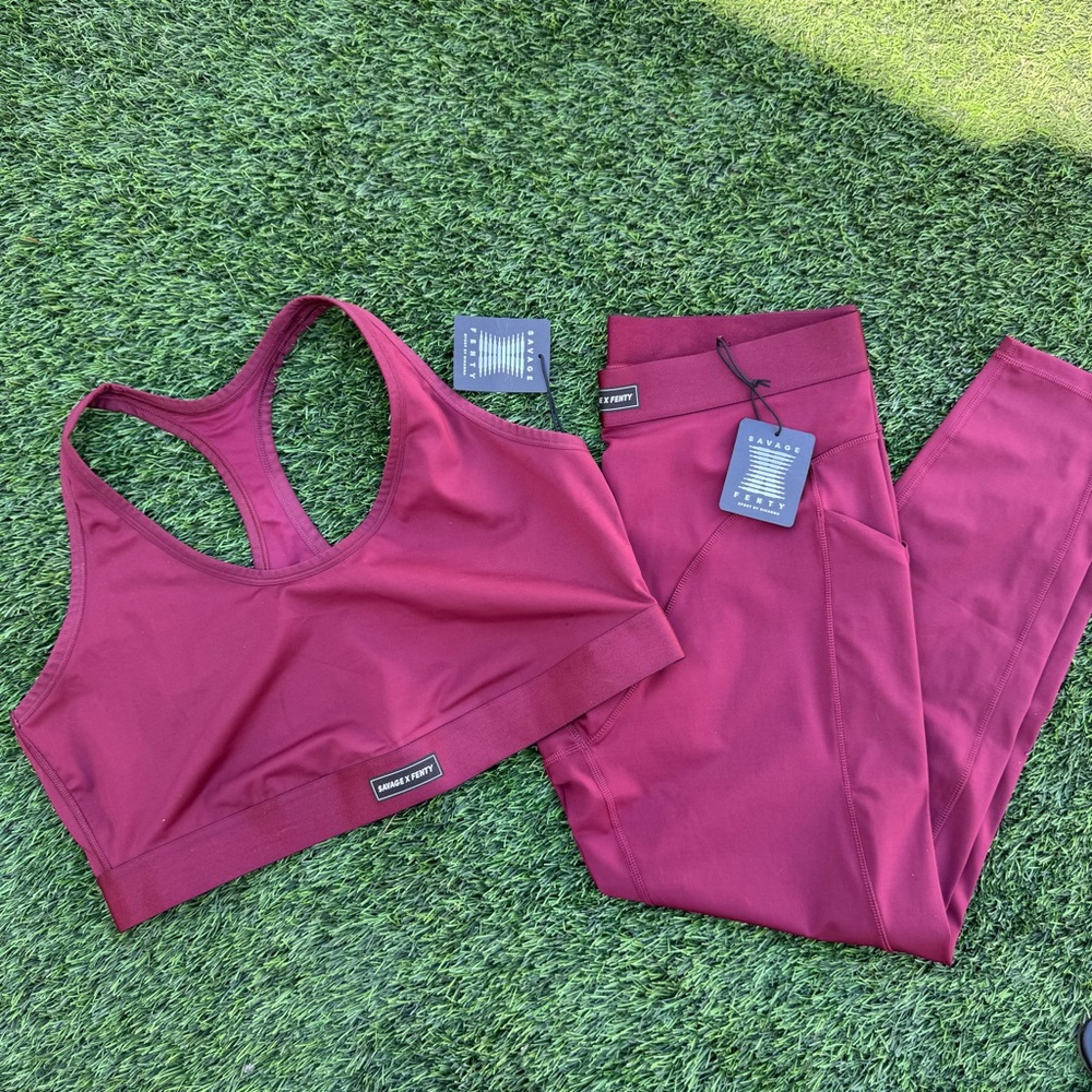 Savage X Fenty Deep Burgundy Workout Activewear Set Leggings and Sports Bra Top